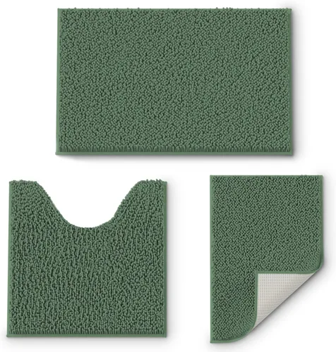 Juego de 3 tapetes de baño de felpilla, antideslizantes, ultra suaves, absorbentes con forma de U para inodoro, baño, bañera, ducha, color verde