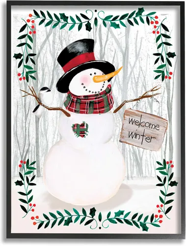 Stupell Industries Felicitación de bienvenida de invierno con diseño floral de muñeco de nieve, bosque, acebo, diseñado por Jennifer Paxton Parker,