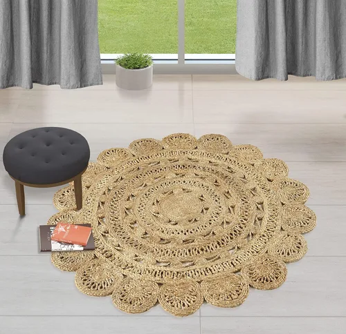 Miniatura 2 de GRUHUM Alfombra de yute tejida a mano de 4' - Fibra natural, redonda, hecha a mano, estilo bohemio, rústica, vintage, suave, trenzada, reversible