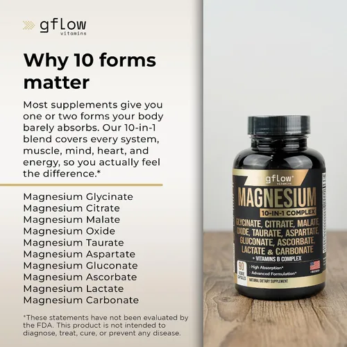 Miniatura 3 de gflow vitamins Suplemento complejo de magnesio – 10 formas activas, glicinato, citrato, malato, óxido, taurato, aspartato, gluconato, ascorbato