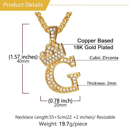 Miniatura 6 de U7 Collar con inicial de corona de la A a la Z, colgante de letra con cadena de 22 a 24 pulgadas, para hombres y mujeres, joyería con nombre