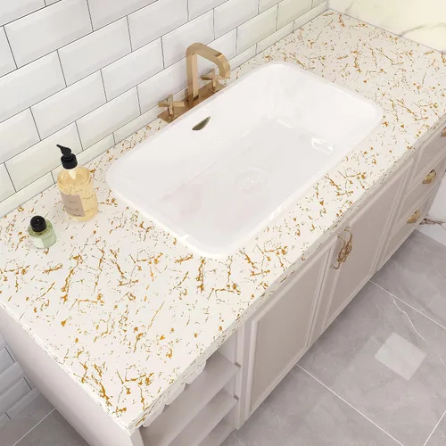 Miniatura 4 de VEELIKE Papel de contacto de mármol beige dorado para encimeras, papel tapiz de mármol blanco impermeable, para encimeras de cocina y baño, 15.7 x