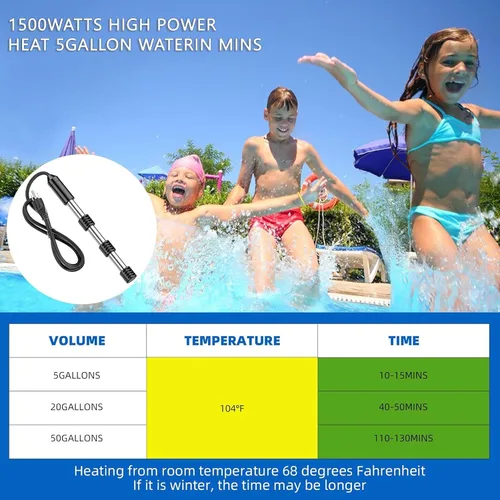 Miniatura 5 de Calentador de agua de inmersión eléctrico portátil de 1500 W, totalmente sumergible, fabricado con acero inoxidable 304 y cubierta de silicona