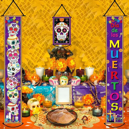 Miniatura 5 de Juego de 3 pancartas de decoración del Día de los Muertos para fiesta mexicana, decoración del Día de los Muertos, letrero de porche, bandera