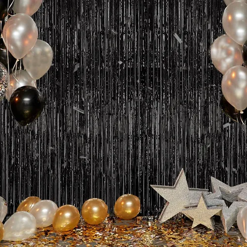 Miniatura 6 de DECOCKRAT Paquete de 3 Telón de Fondo de Flecos de Papel Aluminio - Cortinas de Oropel Negro Brillante para Decoración de Fiestas/Accesorios