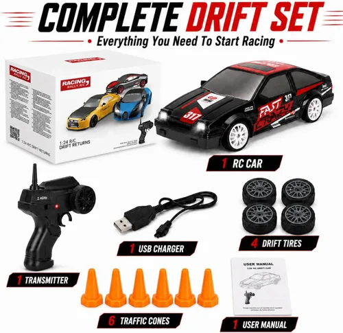 Miniatura 7 de Liberty Imports RC Drift Car 1/24 2.4GHz 4WD Control remoto Sport Racing Vehículo en carretera con luz LED, baterías y neumáticos de deriva