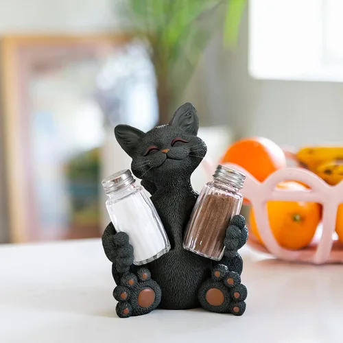 Miniatura 4 de Fantástico gato negro salero y pimentero - Bonita decoración de resina para encimera de cocina