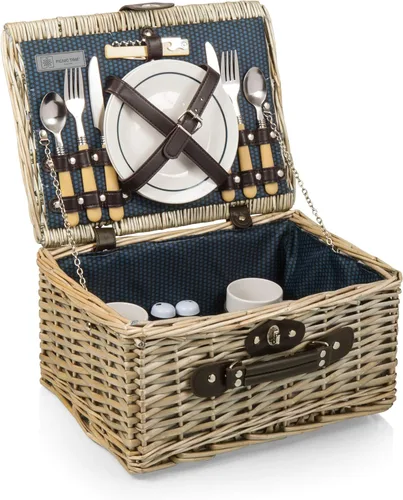 PICNIC TIME Catalina - Cesta de picnic para 2, cesta clásica de mimbre tejida a mano con detalles de cuero genuino y servicio completo para dos,