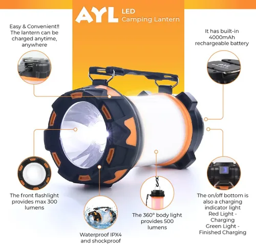 Miniatura 6 de AYL - Linterna LED de camping recargable, linterna superbrillante con luz de 360 grados, banco de energía, resistente al agua IPX4 para emergencias