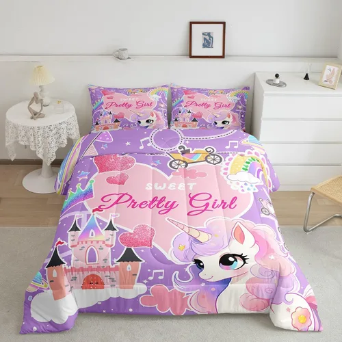 Miniatura 15 de Feelyou Juego de ropa de cama de unicornio para niñas, bonito edredón con purpurina de unicornio de dibujos animados arco iris para niños, juego