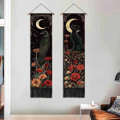 Miniatura 2 de ARTCREATOR Paquete de 2 tapices verticales góticos de decoración de pared oscura caprichosa, diseño de cuervo de gato negro, místico, luna bruja