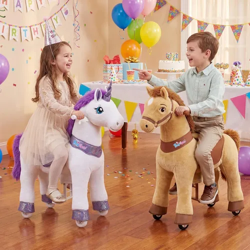 Miniatura 4 de PonyCycle Unicornio de Montar para Niños de 4-7 años con Freno, Regalos de Unicornio para Niñas (35.4" de Altura/Talla 4) Felpa Interactiva de Morado