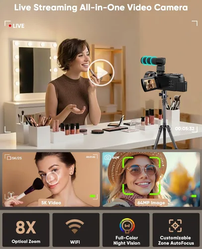 Miniatura 7 de Cámara de video 5K Videocámara 8X Zoom Opitical Cámaras de transmisión en vivo Cámara de 64MP Vlogging para YouTube con visión nocturna a todo