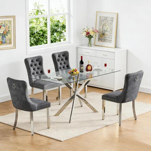 Miniatura 86 de Juego de 4 mesas de comedor de cristal para 4, juego de 4 mesas y sillas de cocina modernas, juego de mesa de comedor de cocina de 5 piezas con mesa