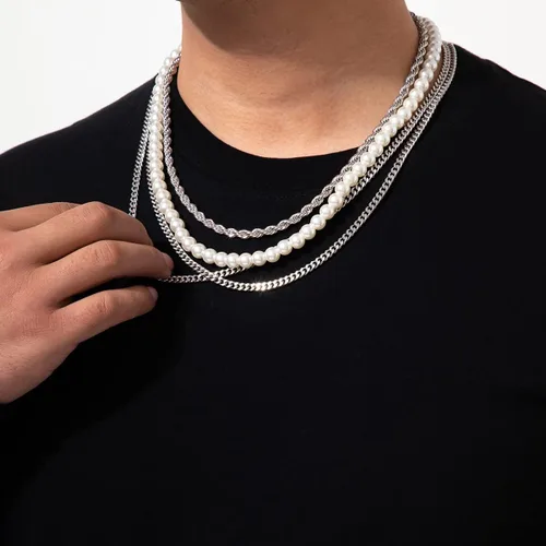 Miniatura 2 de YERTTER Collar gótico de cadena de plata de 4 capas para hombre, cadena de perlas, cadena gruesa, cadena torcida, cadena plana, gargantilla