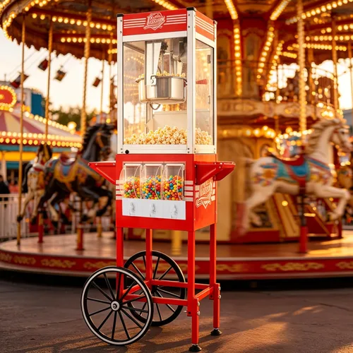 Miniatura 11 de Carro de máquina de palomitas de maíz de 10 onzas, máquina para hacer palomitas con rueda y hervidor de acero inoxidable que hace hasta 40 tazas