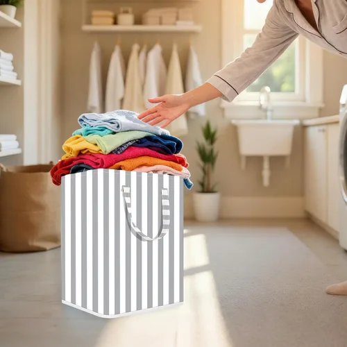 Miniatura 3 de Cesta grande para la ropa sucia, 75L impermeable, cesta plegable con asas extendidas para ropa en el dormitorio familiar (rayas verticales grises)