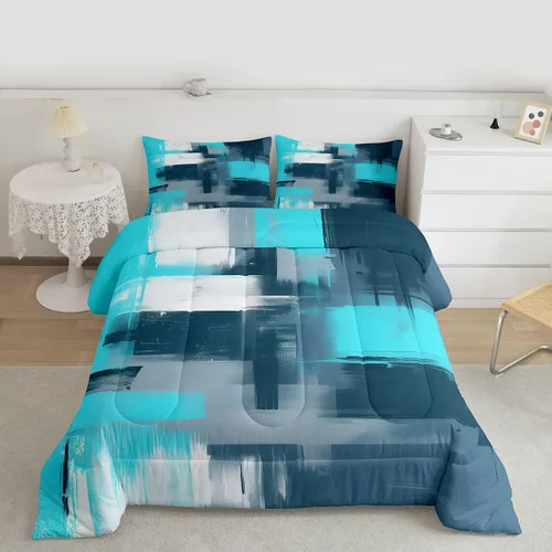 Miniatura 2 de Feelyou Juego de edredón abstracto moderno de arte abstracto para niños y niñas, juego de ropa de cama con patrón azul verde azulado, decoración