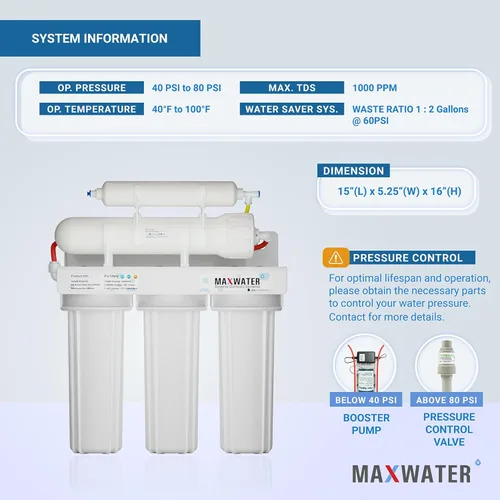 Miniatura 3 de Max Water Sistema de filtración de agua estándar de 5 etapas 100 GPD (galones por día) RO (ósmosis inversa) para trabajo pesado - montaje debajo
