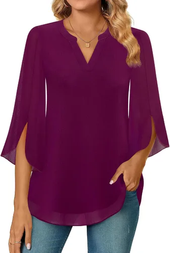 Miniatura 3 de Timeson Blusa de gasa de manga 34 para mujer, cuello en V, túnica elegante