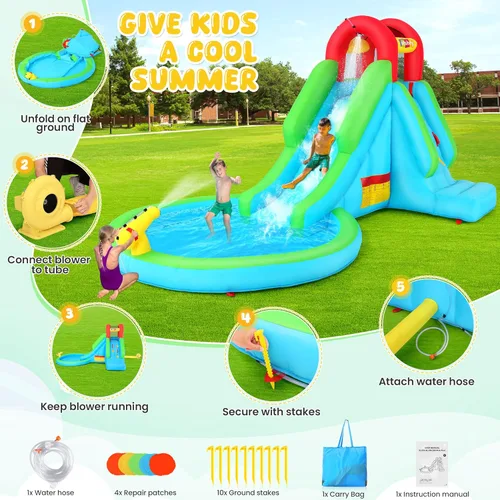 Miniatura 5 de Tobogán acuático inflable para niños, parque acuático 5 en 1 con tobogán para húmedo y seco, toboganes acuáticos inflables de 13 x 8.3 x 7.1 pies