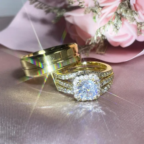 Miniatura 2 de Anillos a juego para parejas, anillos a juego de 1.8 quilates chapados en oro de circonita cúbica para mujer, conjuntos de anillos de boda para él