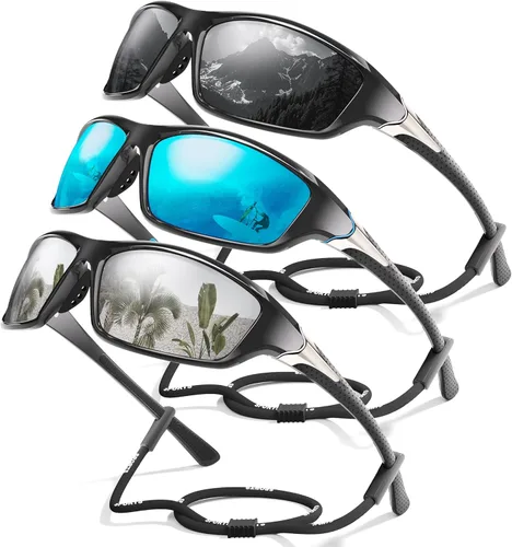 Miniatura 22 de Paquete de 3 lentes de sol deportivos polarizados para hombres, gafas de sol masculinas envolventes con protección UV para ciclismo, pesca
