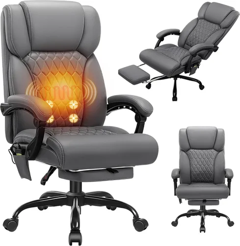 Silla de oficina de masaje y calor con reposapiés, silla ejecutiva ergonómica reclinable de 90-160° para personas grandes y altas, 400 libras, Negro