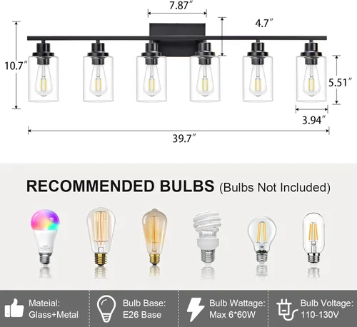Miniatura 3 de Accesorio de Iluminación para Baño de 6 Luces Lámpara Negra para Tocador Sobre Espejo Apliques de Iluminación de Pared Estilo Casa de Campo Moderna
