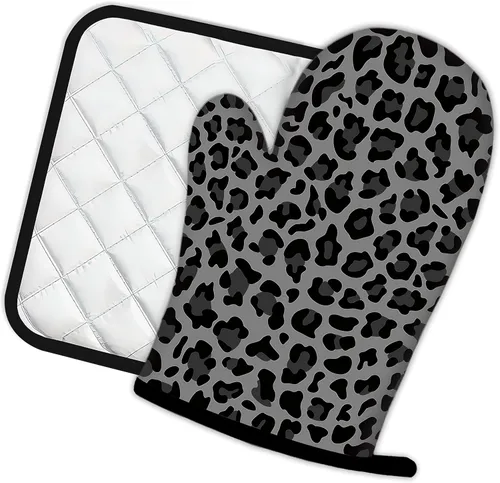 Miniatura 2 de Guantes de horno de leopardo gris y negro y soportes para ollas de cocina, juego de 2 piezas, almohadilla resistente al calor para hornear