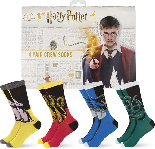 Hyp Calcetines Harry Potter para hombre y mujer, calcetines con las casas de Hogwarts, caja de regalo, paquete de 4 calcetines casuales, Harry Potter
