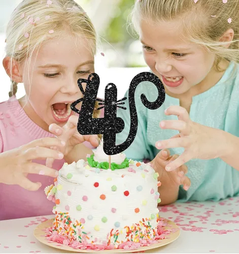 Miniatura 4 de Decoración para tartas de gato de cuatro años, decoración de pastel número 4 para bebé, suministros de fiesta de cumpleaños de gatito, decoración
