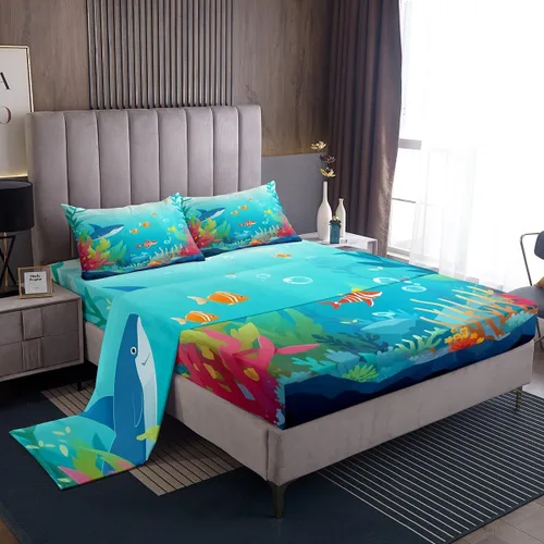 Miniatura 14 de Erosebridal Juego de sábanas de ballena náutica, tamaño individual, juego de ropa de cama vintage azul con ondas oceánicas para niños y niñas