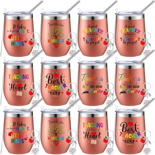 Nuanchu Juego de 12 vasos de vino de acero inoxidable con tapas y popotes, regalos de agradecimiento para profesores, regalos de Navidad, 12 onzas