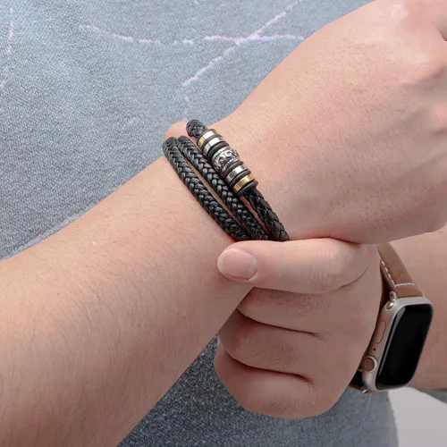 Miniatura 2 de Pulsera de cuero negro para hombre con correa de piel negra para hombre