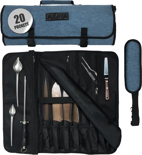 Miniatura 11 de Asaya Bolsa enrollable para cuchillos de chef, 20 bolsillos en total para cuchillos y utensilios de cocina, fabricada con nailon encerado resistente