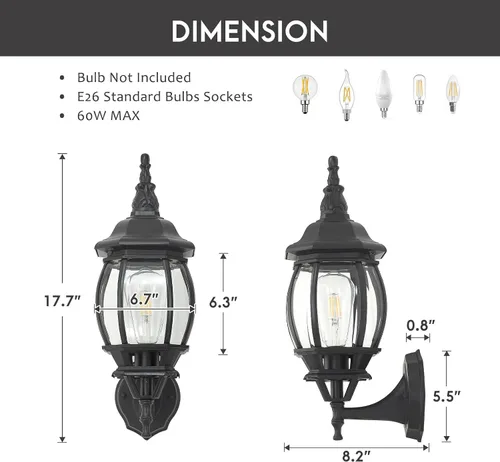 Paquete de 2 lámparas de aluminio impermeables para exteriores, luces de porche exteriores, apliques de pared al aire libre, luces de porche