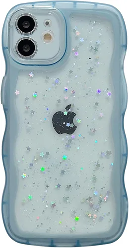 Miniatura 15 de Qokey Funda para iPhone 12 Pro Max de 6.7 pulgadas, diseño de onda rizada, borde transparente, brillante con purpurina, estrella brillante, bonita