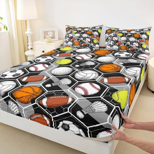 Miniatura 6 de Juego de ropa de cama para juegos de pelota, básquetbol, fútbol, sábana bajera hexagonal, geométrica, deportiva, sábana plana, béisbol, tenis