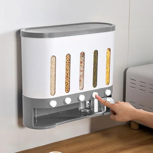 Dispensador de cereales montado en la pared de 19.8 lbs, dispensador de alimentos secos de 5 rejillas, contenedor de almacenamiento de granos de