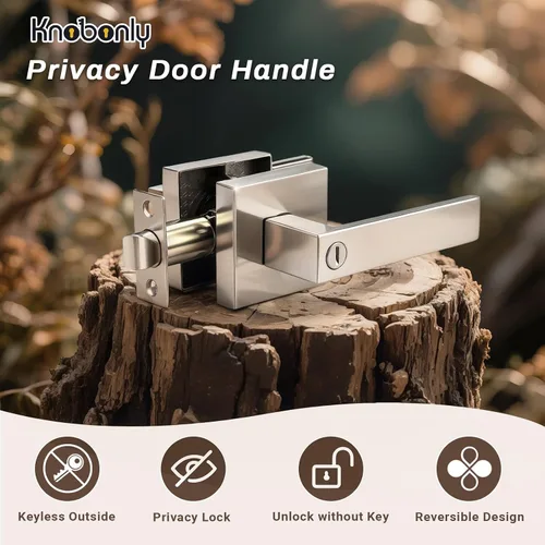 Miniatura 2 de Knobonly Paquete de 9 manijas de puerta reversibles de níquel cepillado, cerradura cuadrada de privacidad sin llaves