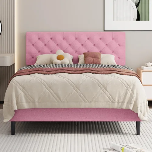 BarnFurin Marco de cama tamaño completo con cabecero, cama de plataforma tapizada con cabecera acolchada con botones ajustables, marco de cama de