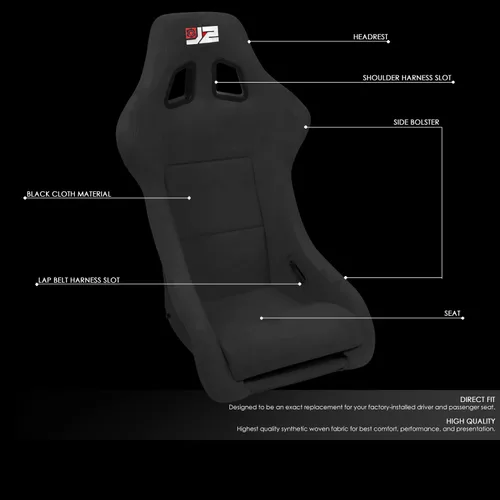 Miniatura 2 de J2 Engineering Par de asientos de cubo de carreras con respaldo reclinable de costura universal con arneses de 4, 5 y 6 puntos, 34" alto x 23" ancho