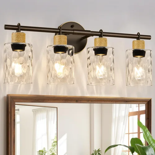 Miniatura 10 de MOKATNG Juego de 2 apliques de pared para baño, luces de tocador modernas costeras con pantalla de cristal, lámpara de pared negra para espejo