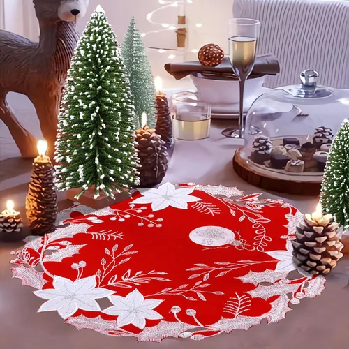 Miniatura 4 de Centros de mesa bordados navideños con diseño de flor de Pascua, redondos, juego de 4 (flor de Pascua C)