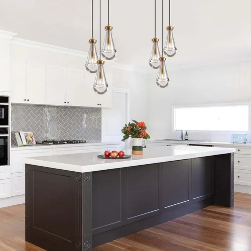 Miniatura 8 de Lámpara colgante de latón de 3 luces para isla de cocina, lámpara colgante de racimo de lluvia, lámpara de techo de cristal con cuerda ajustable