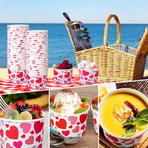 Miniatura 7 de Shellwei 100 cuencos de papel de helado para el día de San Valentín de 9 onzas a granel, tazas de aperitivos con corazón rojo, tazones de postre