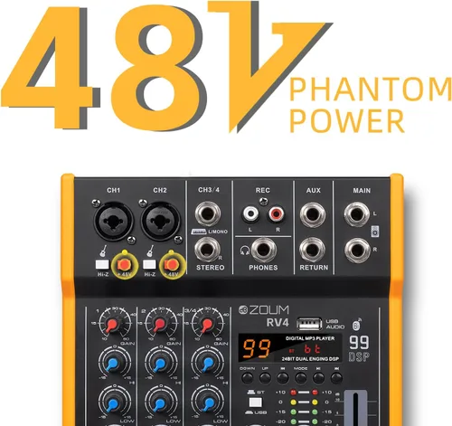 Miniatura 5 de Mezclador profesional de audio DJ de 4 canales, interfaz mezclador de sonido musical con alimentación fantasma de 48 V, Bluetooth, interfaz de audio