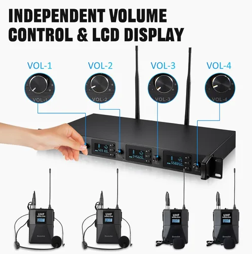 Miniatura 3 de Sistema de micrófono inalámbrico de 4 canales UHF 4 micrófonos Lavalier de solapa y diadema para karaoke, iglesia, conferencias, reuniones, fiestas