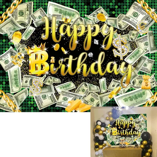 Fondo de cumpleaños de 5 x 3 pies para fiesta de dinero, fondo de billetes de dólar, telón de fondo de hip hop, para niños, niñas y hombres,